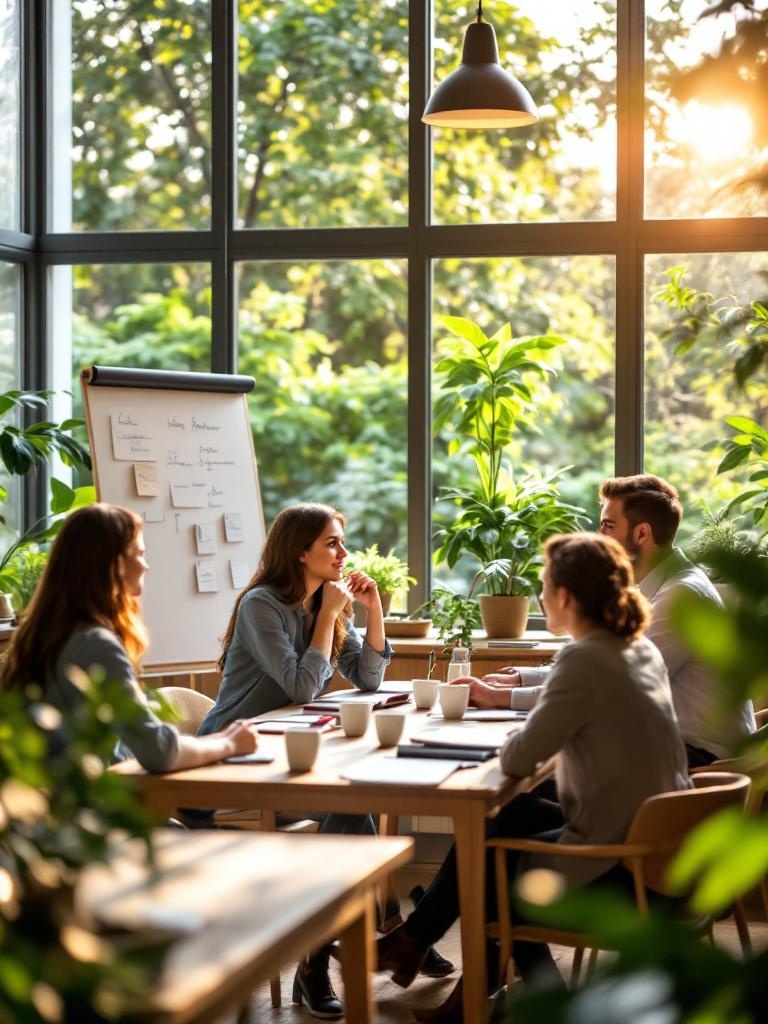 Salle de formation lumineuse avec vue sur un jardin